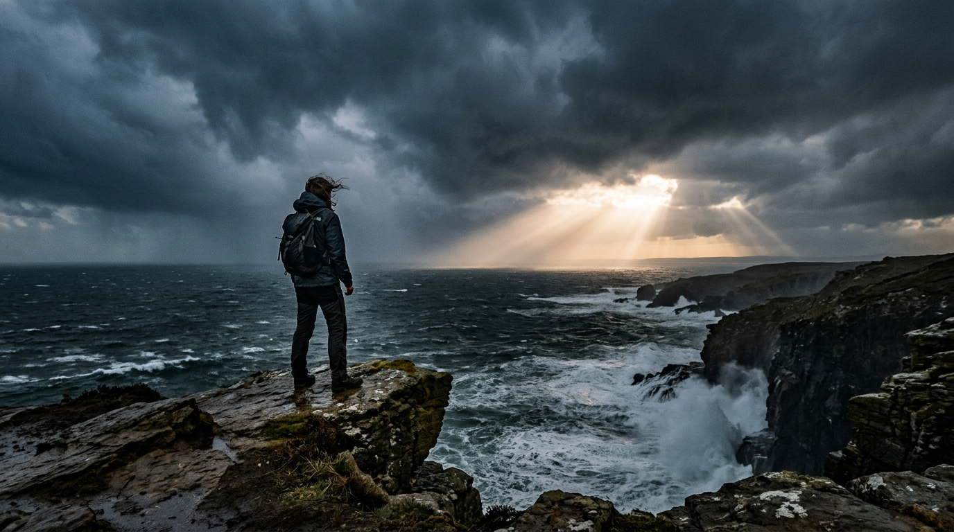Person standing on cliff edge facing stormy ocean with sun rays piercing clouds