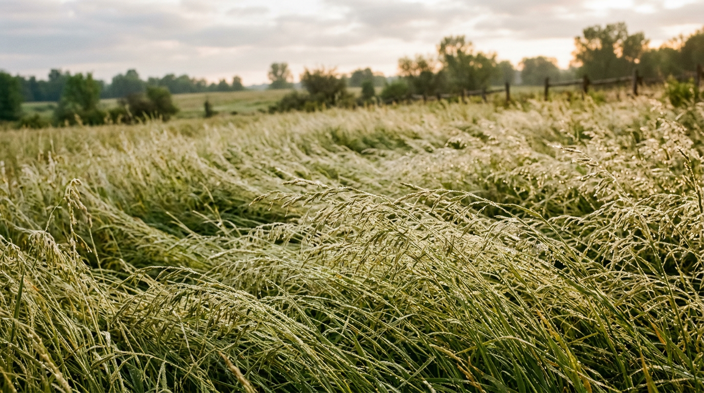 Dew-covered grasses bending in a meadow at sunrise with trees in the background