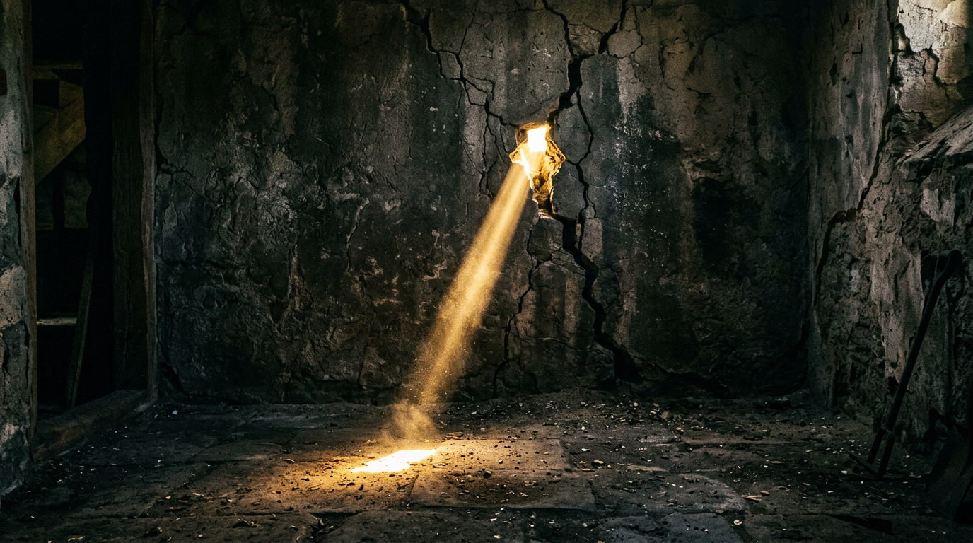 Sunlight beam entering through a crack in a damaged wall onto a dusty floor